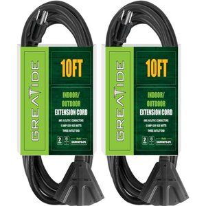 E 2 Pack 10 Ft Outdoor Extension Cord with 3 Electrical Power Outlets -  Black